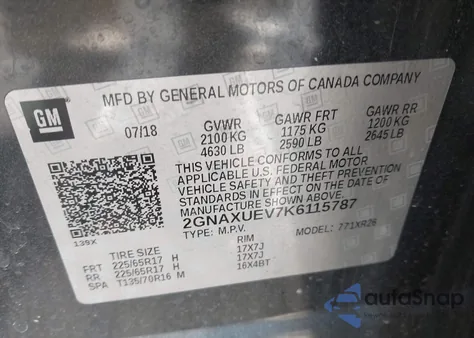 2019 Chevrolet Equinox Lt из США, поврежденный, VIN 2GNAXUEV7K6115787